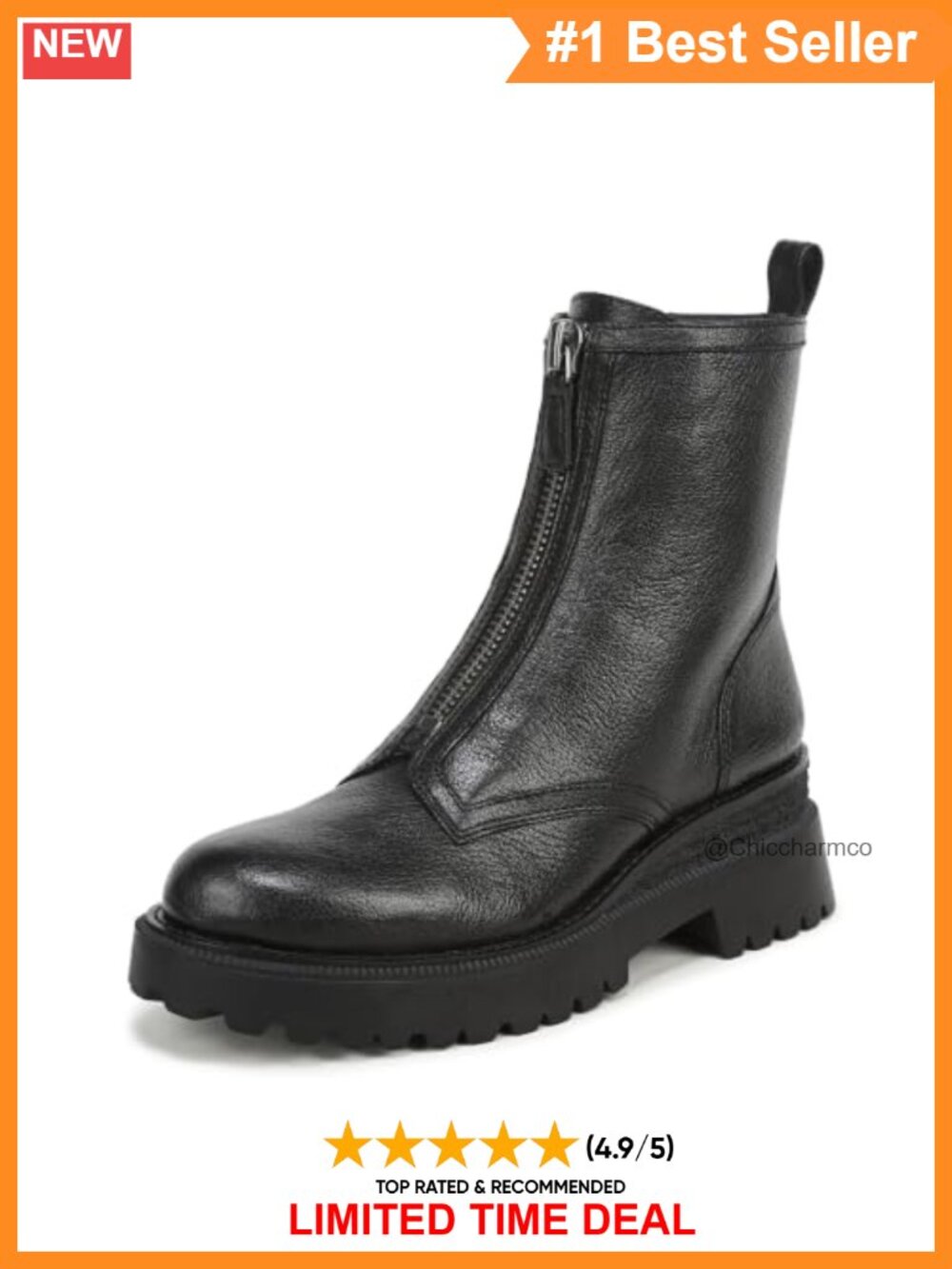 Leather Combat Ankle Boots Zip Closure Wedge Heel Round Toe